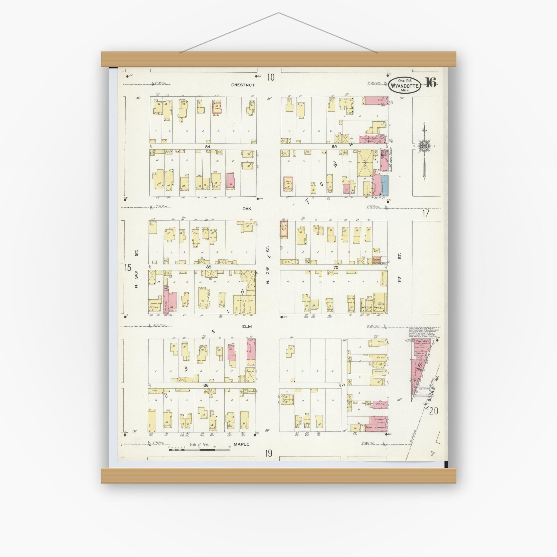 Old map wall art mockup — magnetic wood frame on white wall — Sanborn Fire Insurance Map from Wyandotte, Wayne County, Michigan (1912), Sheet #0016
