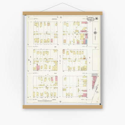 Old map wall art mockup — magnetic wood frame on white wall — Sanborn Fire Insurance Map from Wyandotte, Wayne County, Michigan (1912), Sheet #0016