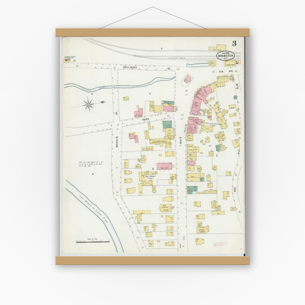 Old map wall art mockup — magnetic wood frame on white wall — Sanborn Fire Insurance Map from Brewster, Putnam County, New York (1898), Sheet #0003