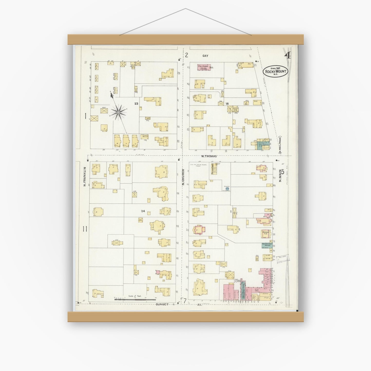 Old map wall art mockup — magnetic wood frame on white wall — Sanborn Fire Insurance Map from Rocky Mount, Edgecombe And Nash Counties, North Carolina (1907), Sheet #0004