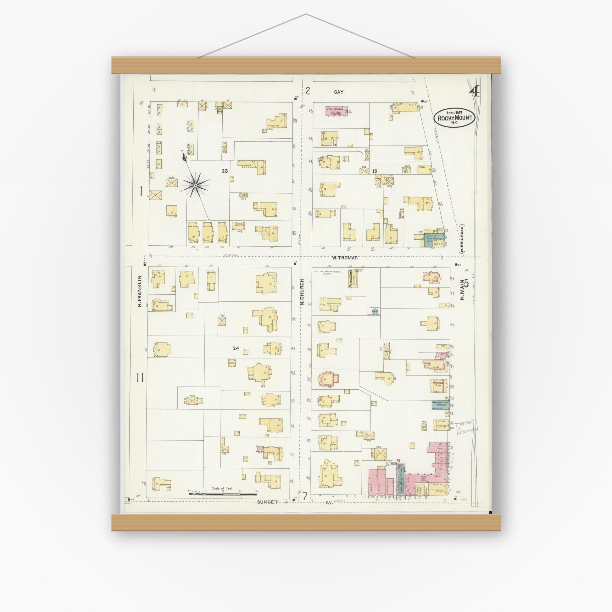 Old map wall art mockup — magnetic wood frame on white wall — Sanborn Fire Insurance Map from Rocky Mount, Edgecombe And Nash Counties, North Carolina (1907), Sheet #0004