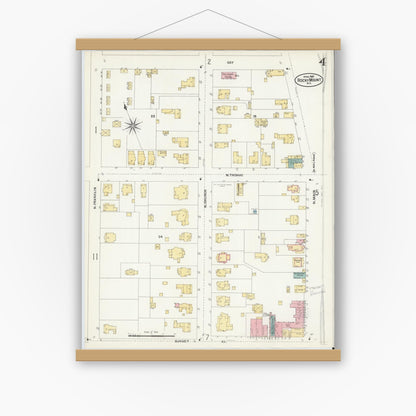 Old map wall art mockup — magnetic wood frame on white wall — Sanborn Fire Insurance Map from Rocky Mount, Edgecombe And Nash Counties, North Carolina (1907), Sheet #0004