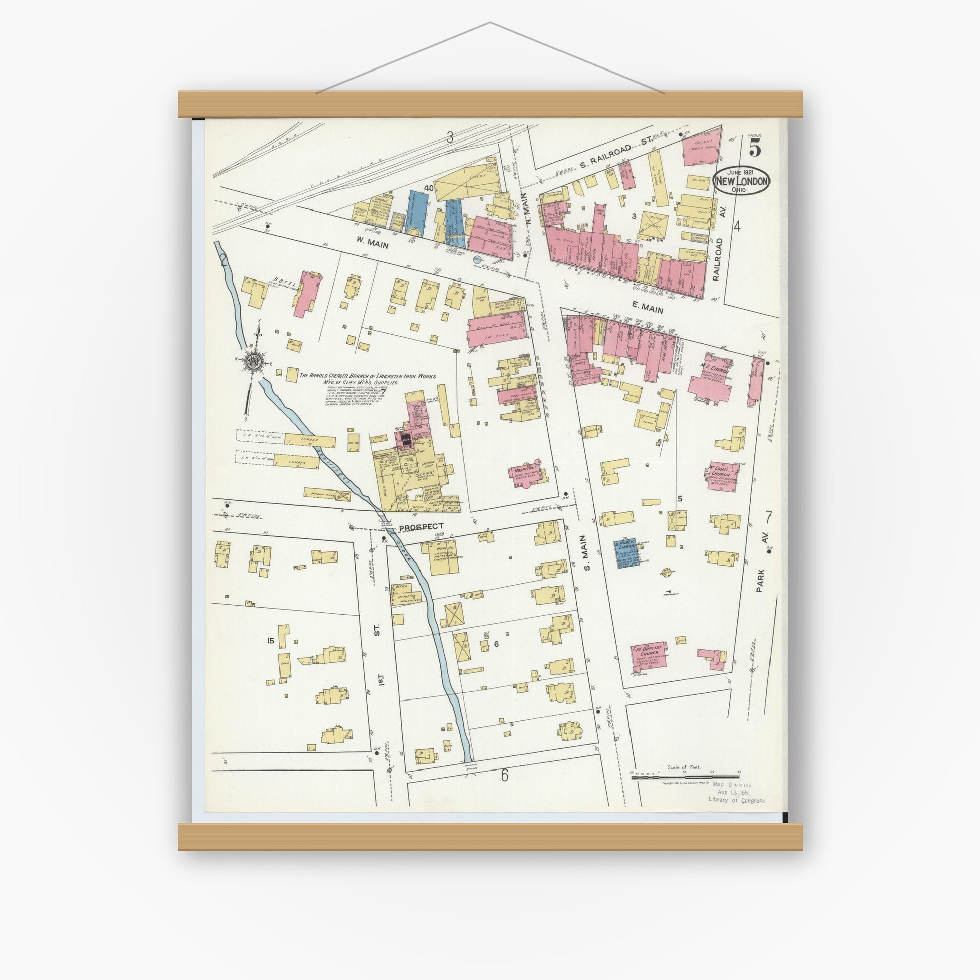 Old map wall art mockup — magnetic wood frame on white wall — Sanborn Fire Insurance Map from New London, Huron County, Ohio (1921), Sheet #0005