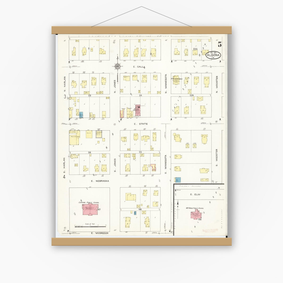 Old map wall art mockup — magnetic wood frame on white wall — Sanborn Fire Insurance Map from Algona, Kossuth County, Iowa (1913), Sheet #0005