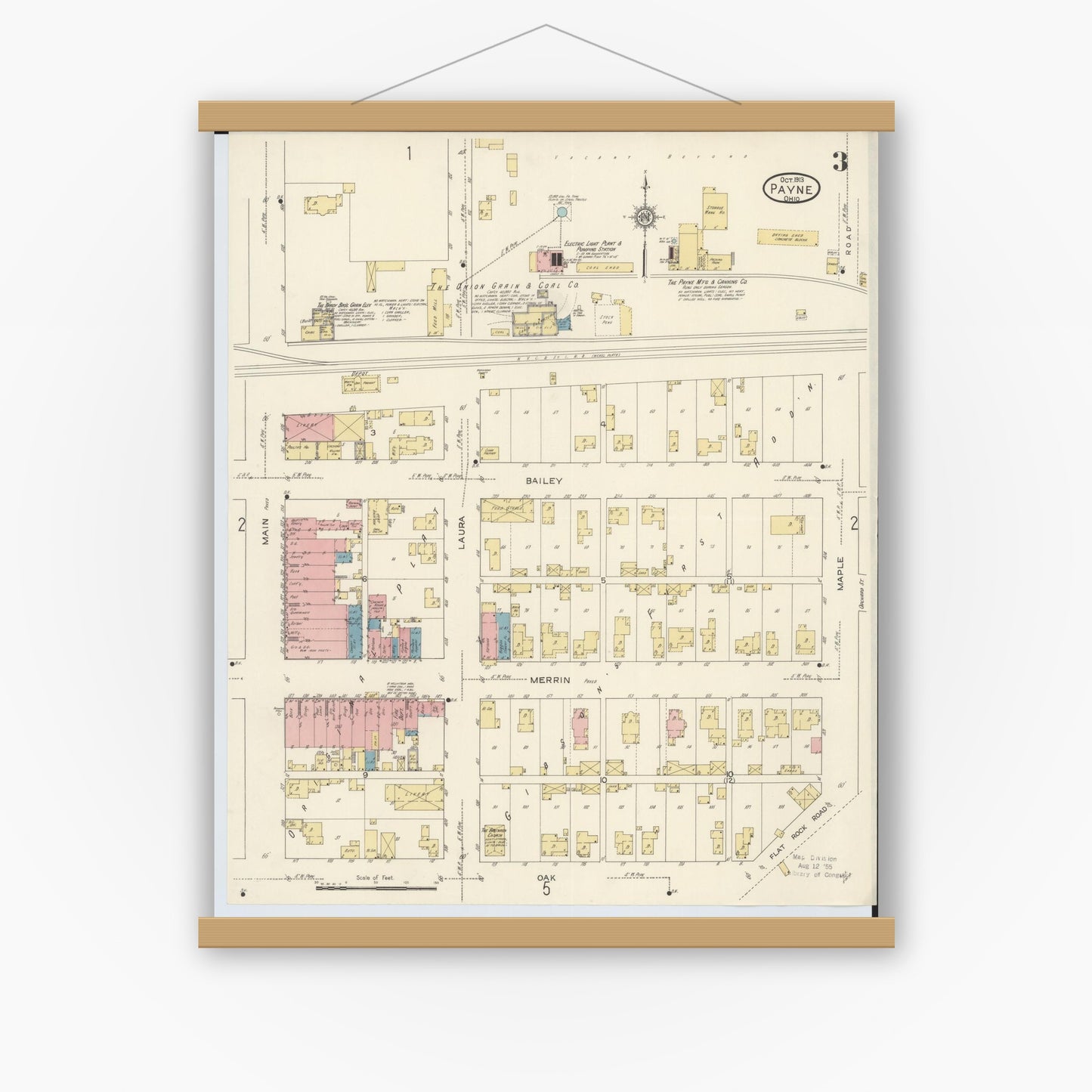 Old map wall art mockup — magnetic wood frame on white wall — Sanborn Fire Insurance Map from Payne, Paulding County, Ohio (1913), Sheet #0003