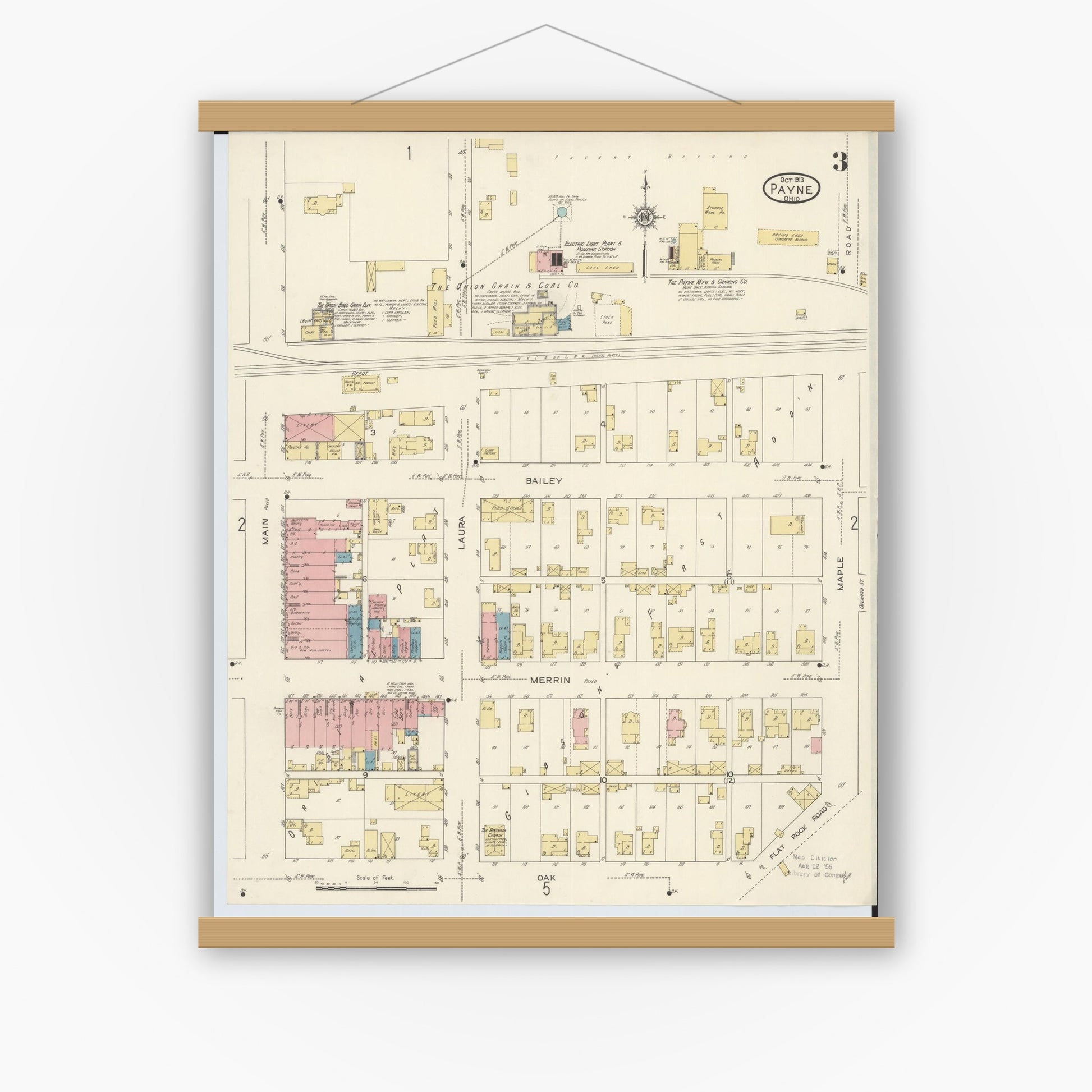 Old map wall art mockup — magnetic wood frame on white wall — Sanborn Fire Insurance Map from Payne, Paulding County, Ohio (1913), Sheet #0003