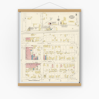 Old map wall art mockup — magnetic wood frame on white wall — Sanborn Fire Insurance Map from Payne, Paulding County, Ohio (1913), Sheet #0003