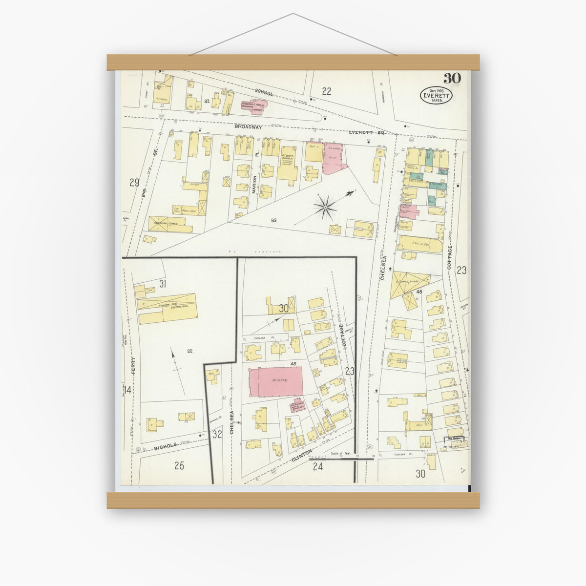 Old map wall art mockup — magnetic wood frame on white wall — Sanborn Fire Insurance Map from Everett, Middlesex County, Massachusetts (1903), Sheet #0030