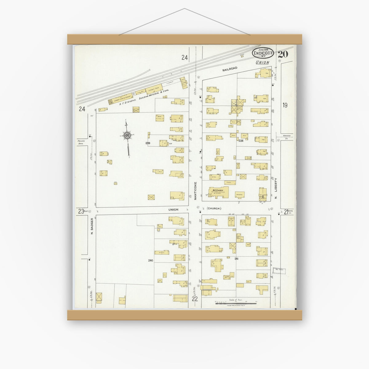 Old map wall art mockup — magnetic wood frame on white wall — Sanborn Fire Insurance Map from Endicott, Broome County, New York (1918), Sheet #0020