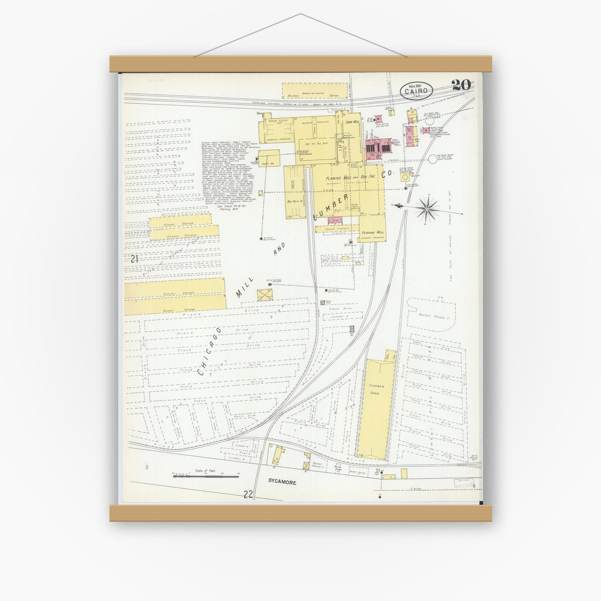 Old map wall art mockup — magnetic wood frame on white wall — Sanborn Fire Insurance Map from Cairo, Alexander County, Illinois (1901), Sheet #0020