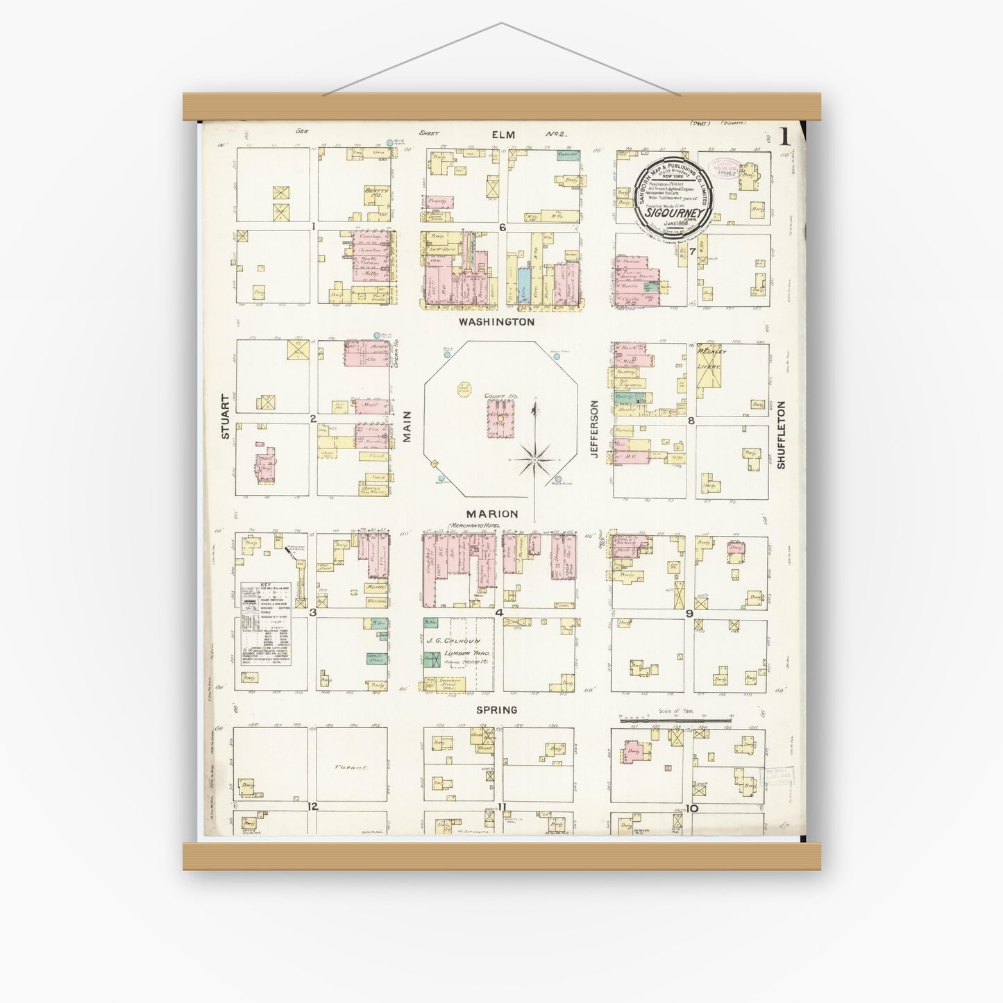 Old map wall art mockup — magnetic wood frame on white wall — Sanborn Fire Insurance Map from Sigourney, Kiokuk County, Iowa (1888), Sheet #0001