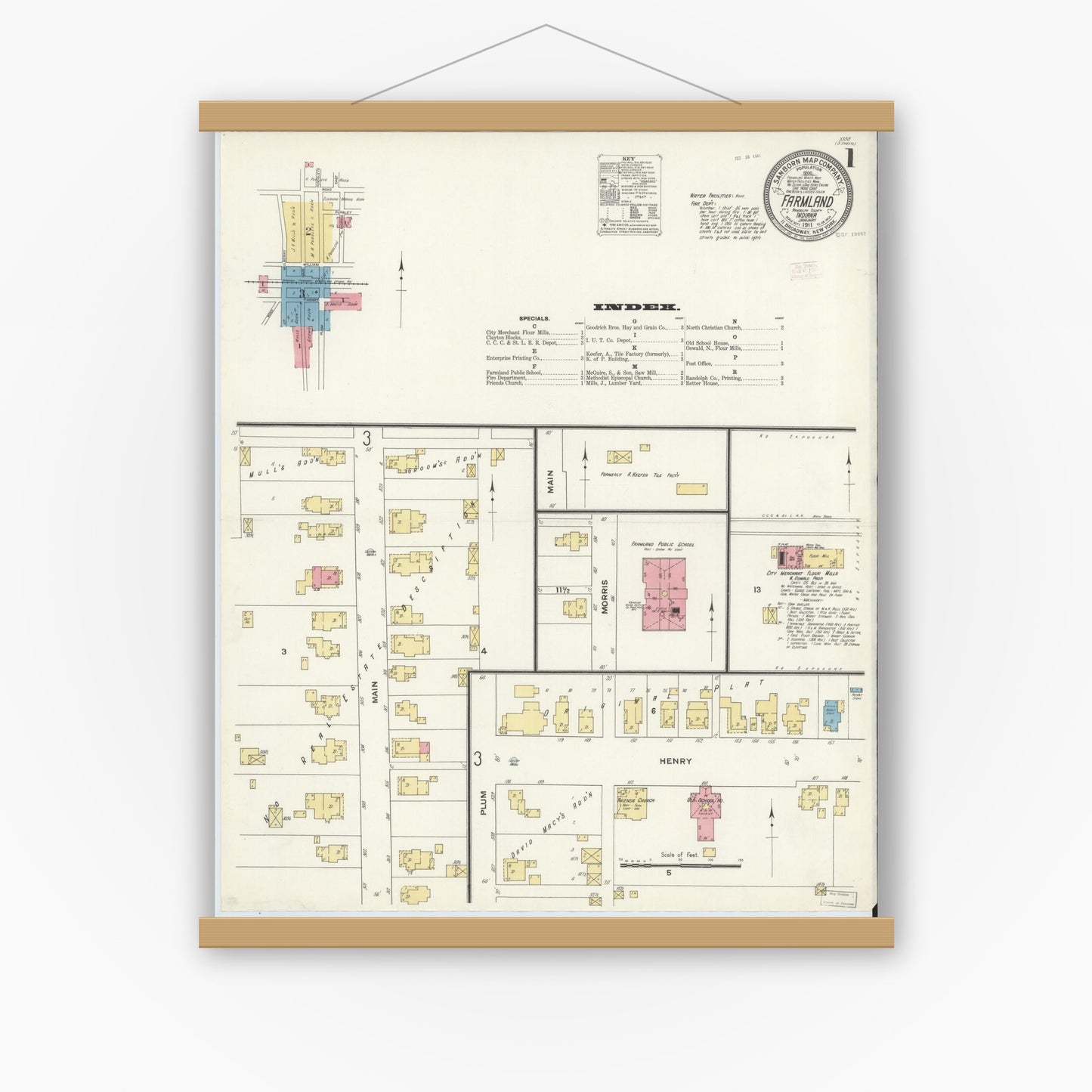 Old map wall art mockup — magnetic wood frame on white wall — Sanborn Fire Insurance Map from Farmland, Randolph County, Indiana (1911) - Complete Map Set