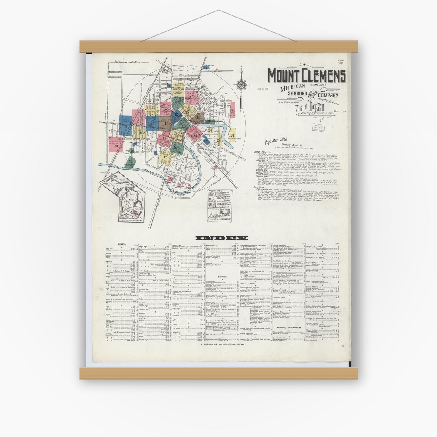 Old map wall art mockup — magnetic wood frame on white wall — Sanborn Fire Insurance Map from Mount Clemens, Macomb County, Michigan (1921) - Complete Map Set