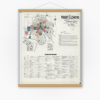 Old map wall art mockup — magnetic wood frame on white wall — Sanborn Fire Insurance Map from Mount Clemens, Macomb County, Michigan (1921) - Complete Map Set