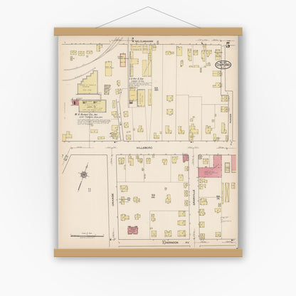 Old map wall art mockup — magnetic wood frame on white wall — Sanborn Fire Insurance Map from Oxford, Granville County, North Carolina (1922), Sheet #0005