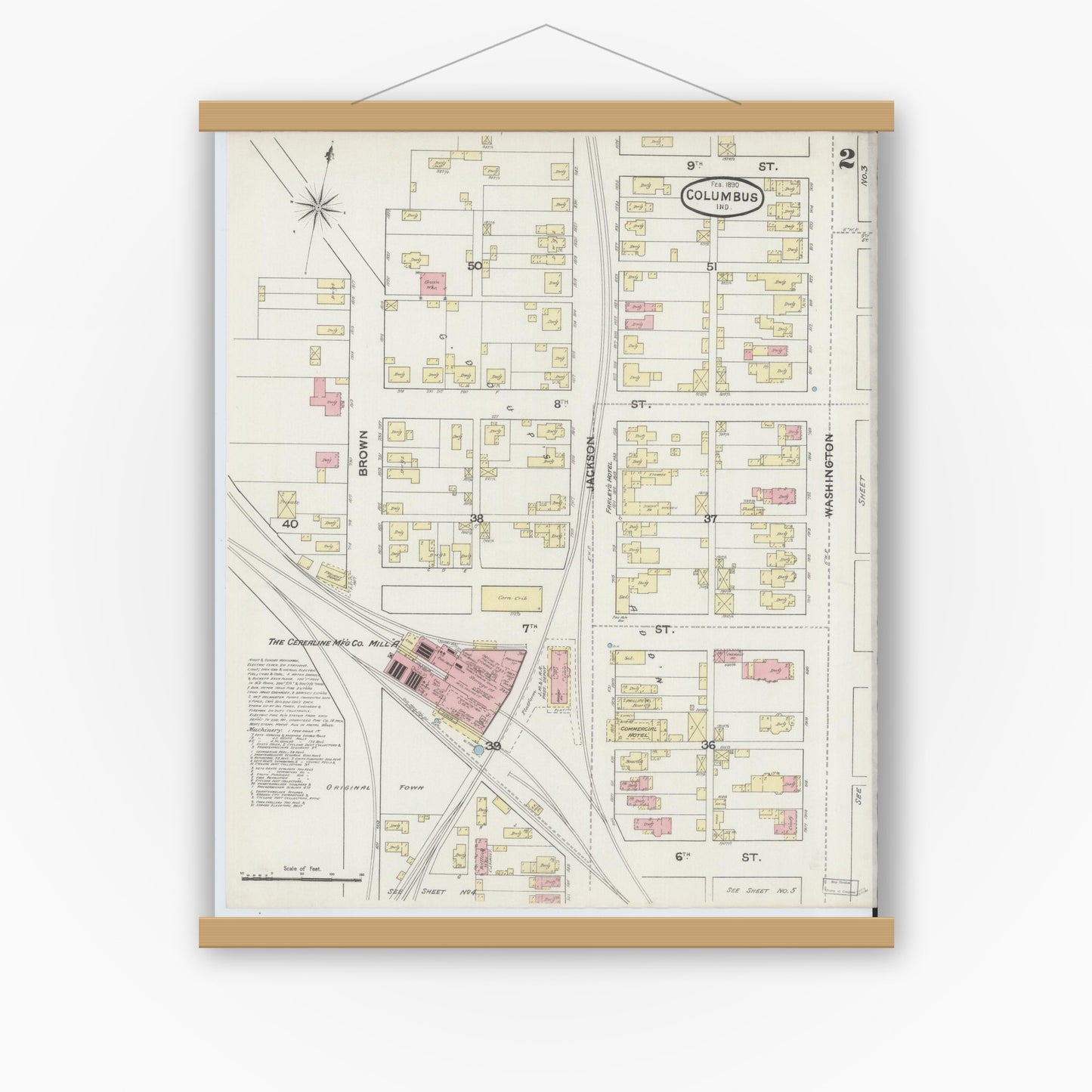 Old map wall art mockup — magnetic wood frame on white wall — Sanborn Fire Insurance Map from Columbus, Bartholomew County, Indiana (1890), Sheet #0002