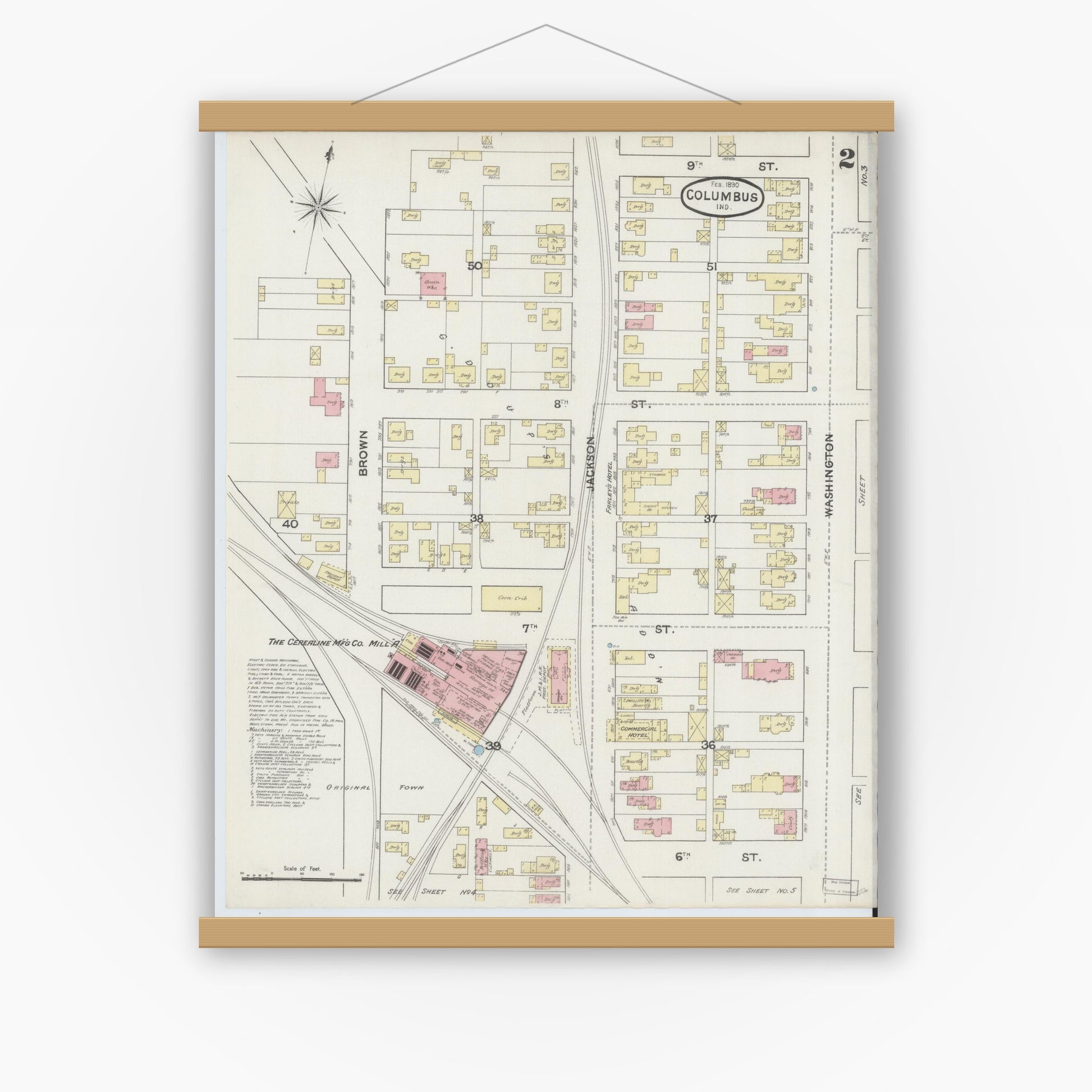 Old map wall art mockup — magnetic wood frame on white wall — Sanborn Fire Insurance Map from Columbus, Bartholomew County, Indiana (1890), Sheet #0002