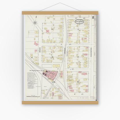 Old map wall art mockup — magnetic wood frame on white wall — Sanborn Fire Insurance Map from Columbus, Bartholomew County, Indiana (1890), Sheet #0002