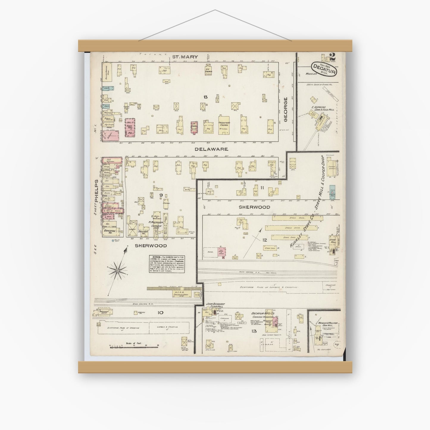 Old map wall art mockup — magnetic wood frame on white wall — Sanborn Fire Insurance Map from Decatur, Van Buren County, Michigan (1884), Sheet #0002