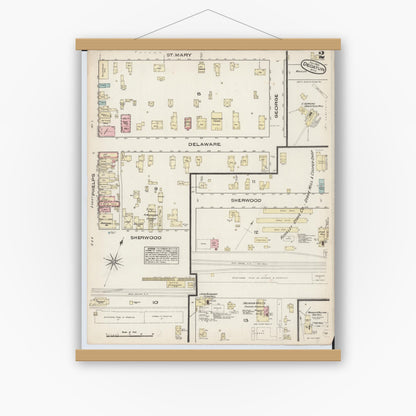 Old map wall art mockup — magnetic wood frame on white wall — Sanborn Fire Insurance Map from Decatur, Van Buren County, Michigan (1884), Sheet #0002