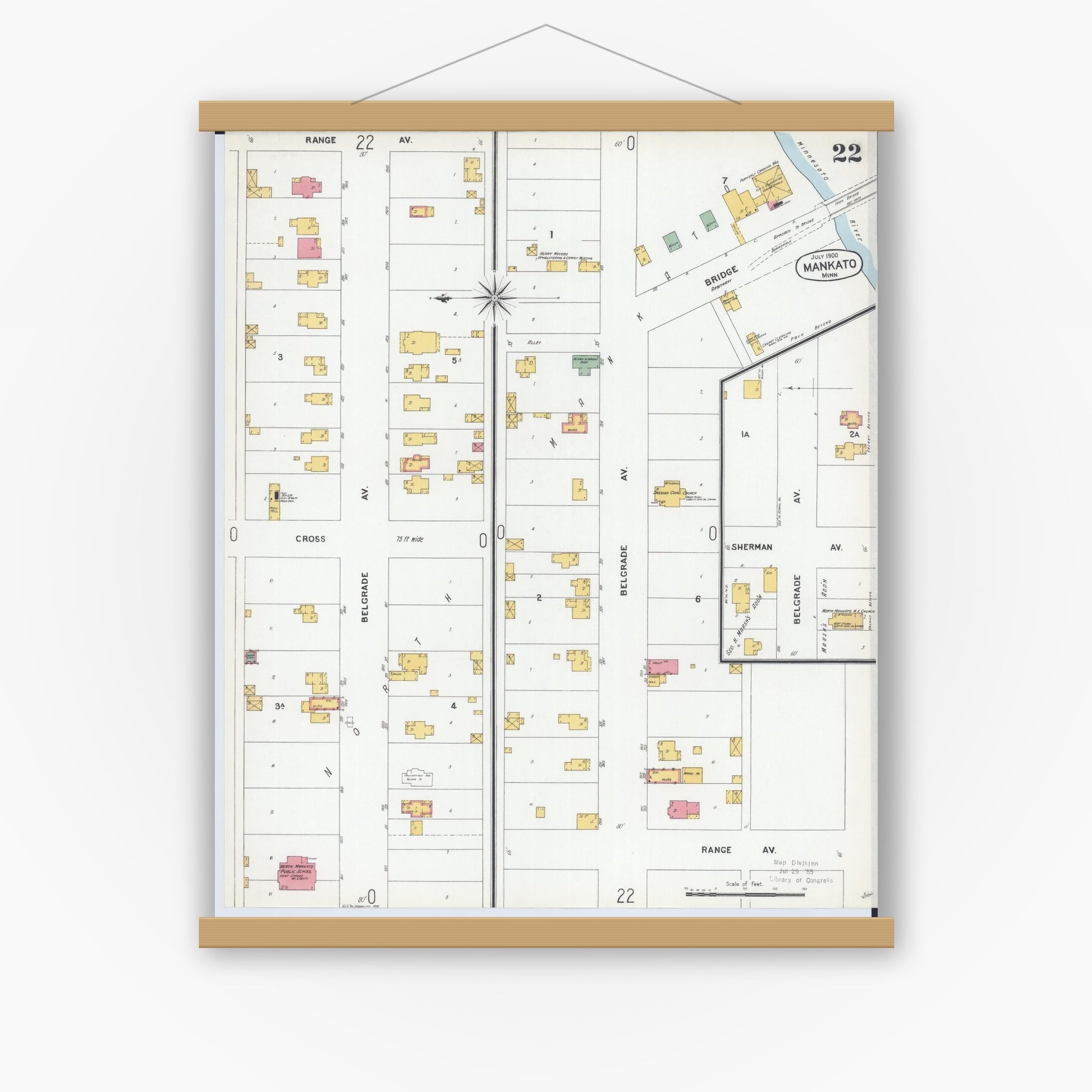 Old map wall art mockup — magnetic wood frame on white wall — Sanborn Fire Insurance Map from Mankato, Blue Earth County, Minnesota (1900), Sheet #0022