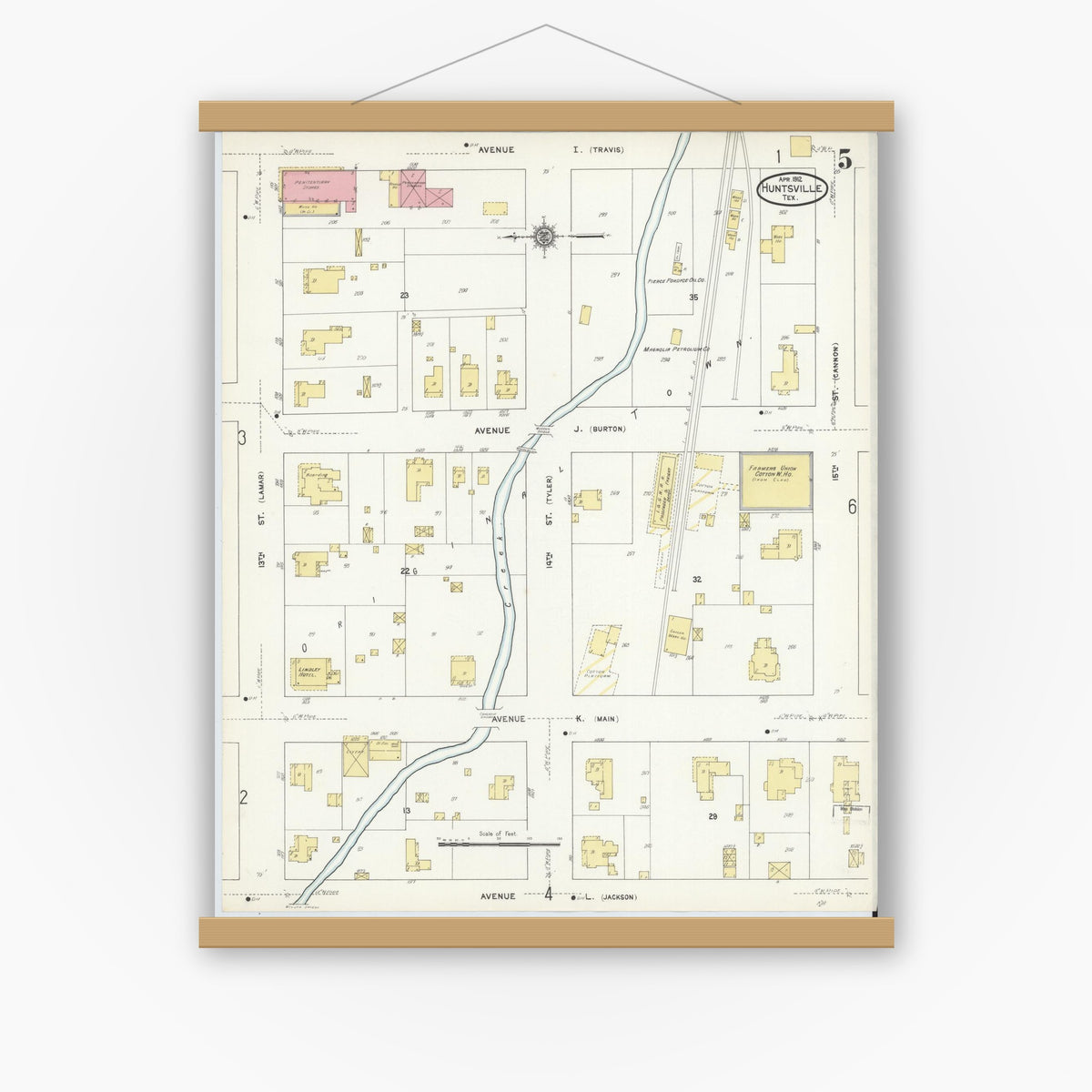 Old map wall art mockup — magnetic wood frame on white wall — Sanborn Fire Insurance Map from Huntsville, Walker County, Texas (1912), Sheet #0005