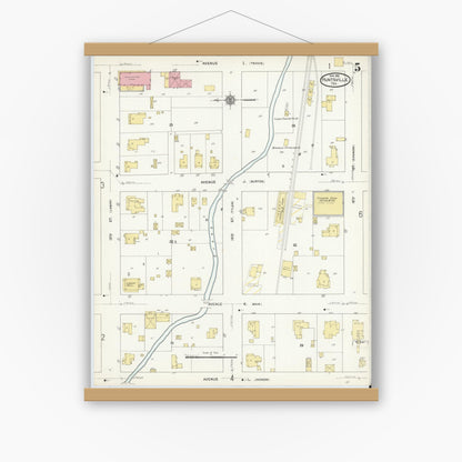 Old map wall art mockup — magnetic wood frame on white wall — Sanborn Fire Insurance Map from Huntsville, Walker County, Texas (1912), Sheet #0005
