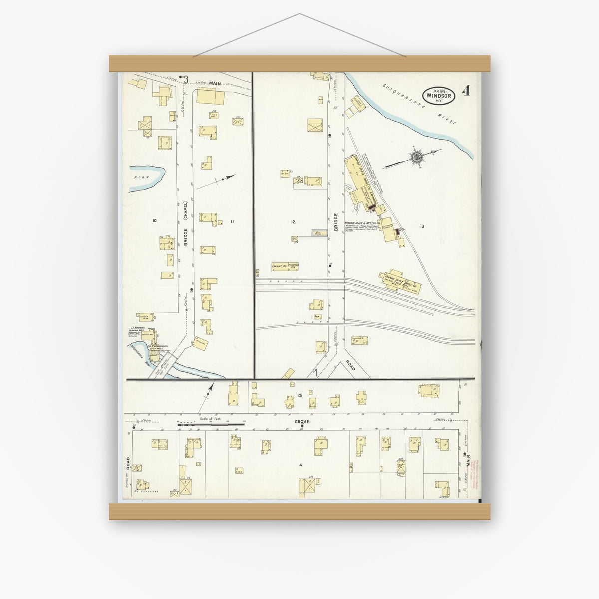 Old map wall art mockup — magnetic wood frame on white wall — Sanborn Fire Insurance Map from Windsor, Broome County, New York (1912), Sheet #0004
