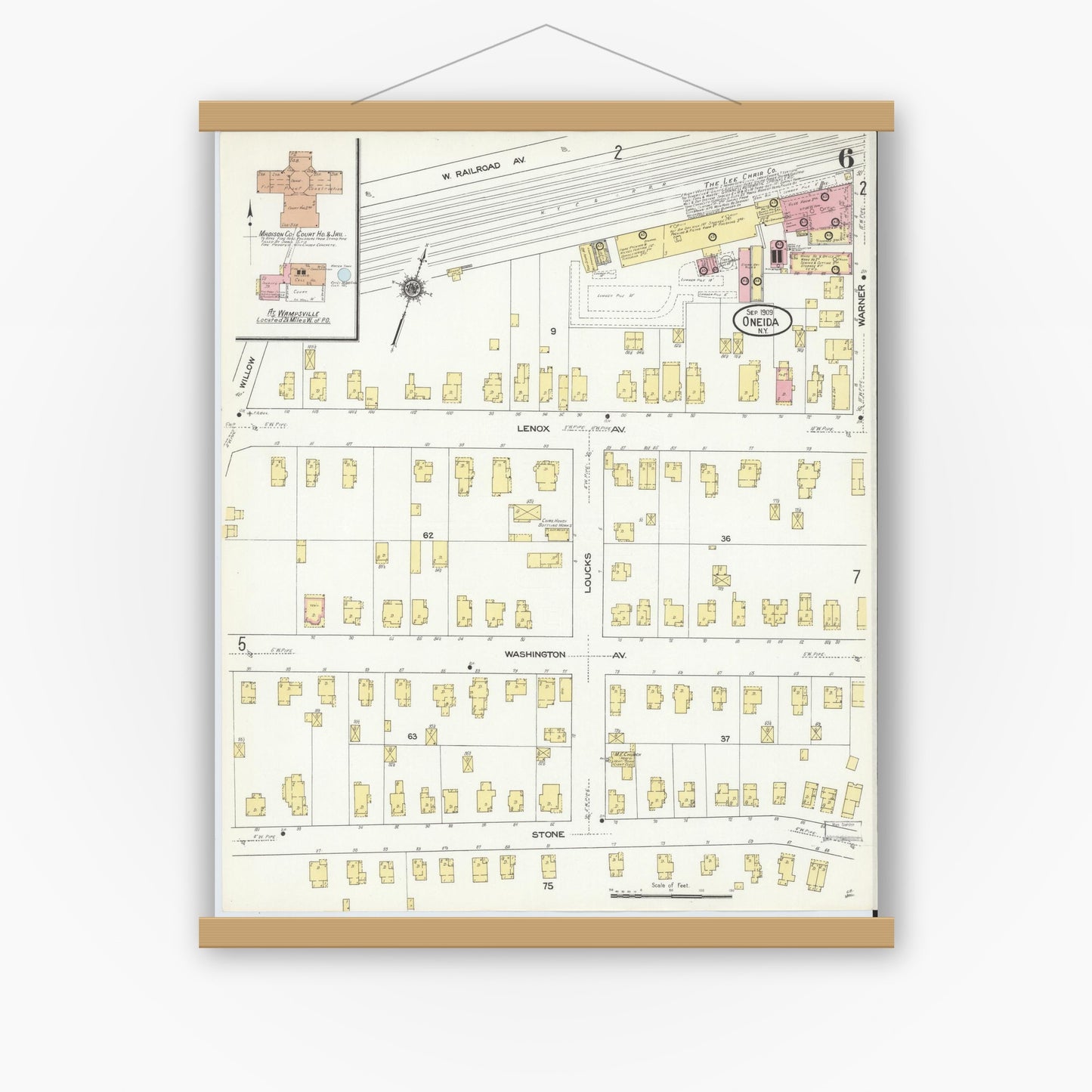 Old map wall art mockup — magnetic wood frame on white wall — Sanborn Fire Insurance Map from Oneida, Madison County, New York (1909), Sheet #0006