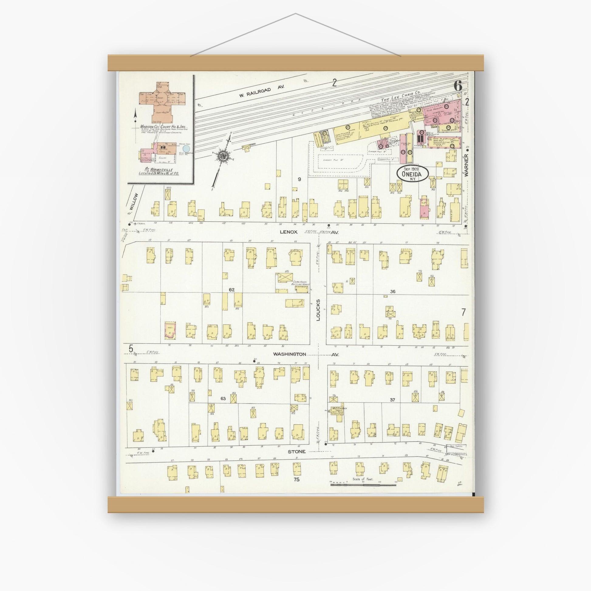 Old map wall art mockup — magnetic wood frame on white wall — Sanborn Fire Insurance Map from Oneida, Madison County, New York (1909), Sheet #0006