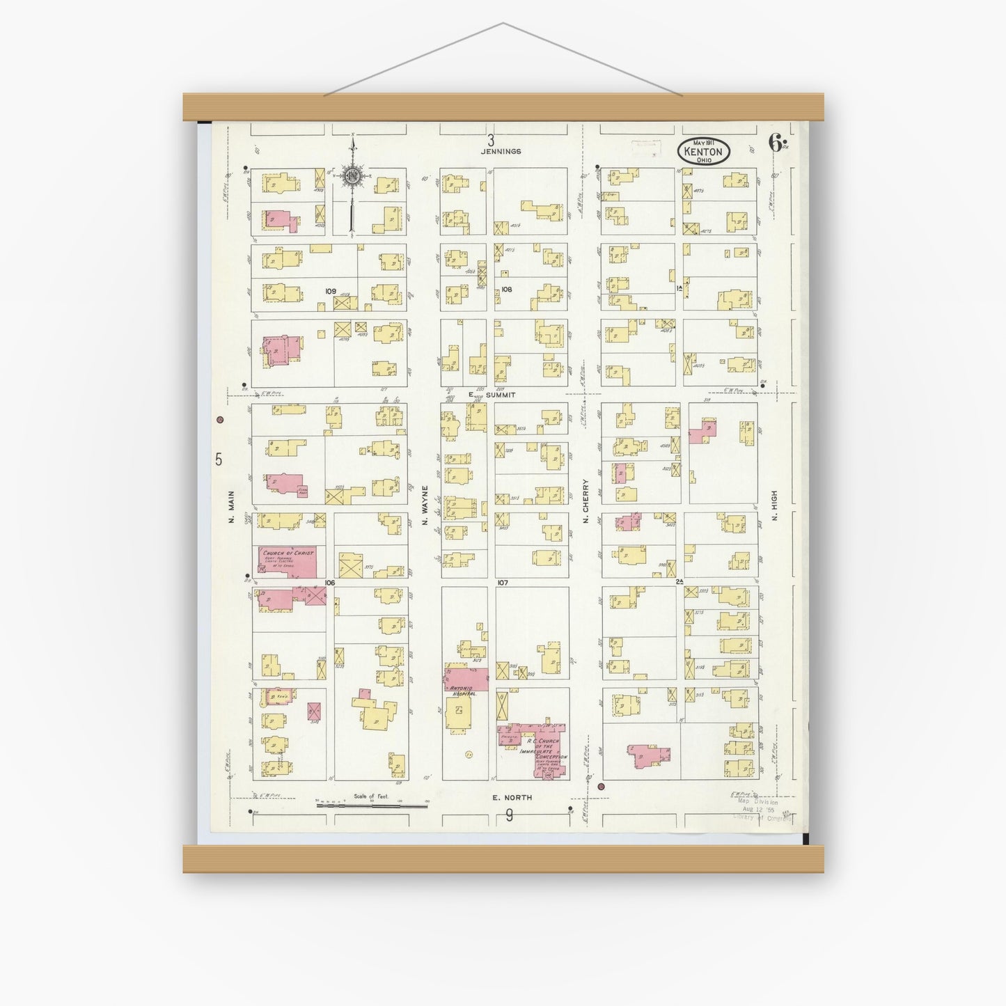 Old map wall art mockup — magnetic wood frame on white wall — Sanborn Fire Insurance Map from Kenton, Hardin County, Ohio (1911), Sheet #0006
