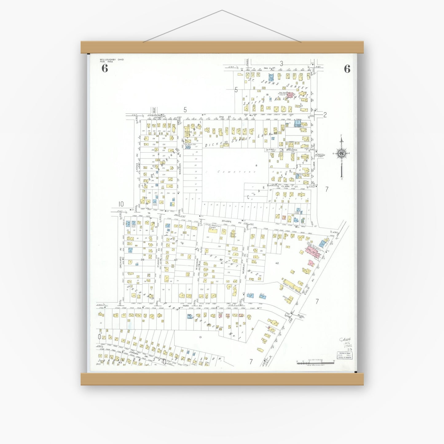 Old map wall art mockup — magnetic wood frame on white wall — Sanborn Fire Insurance Map from Willoughby, Lake County, Ohio (1952), Sheet #0006