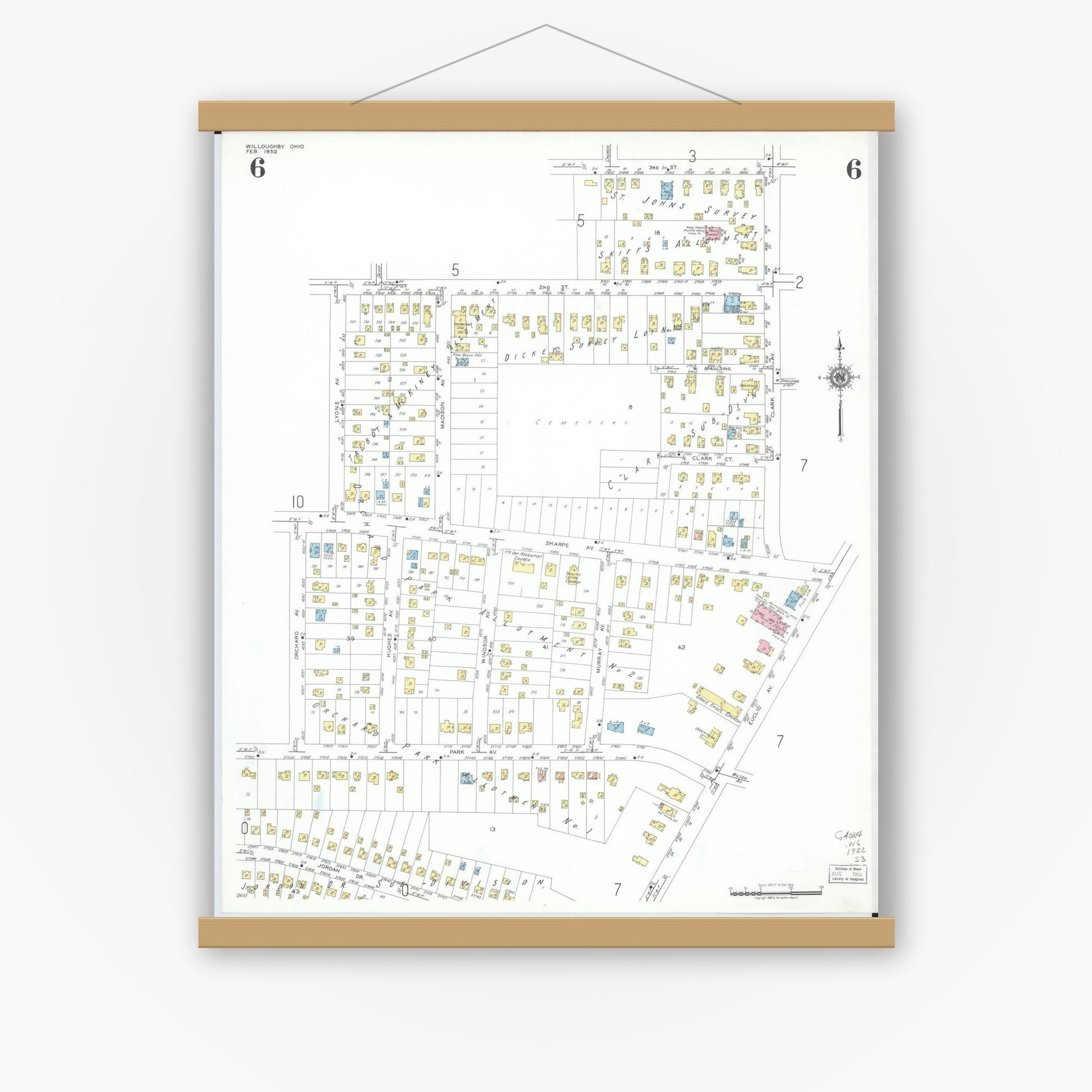 Old map wall art mockup — magnetic wood frame on white wall — Sanborn Fire Insurance Map from Willoughby, Lake County, Ohio (1952), Sheet #0006
