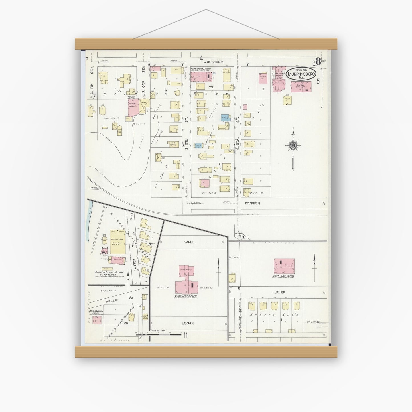 Old map wall art mockup — magnetic wood frame on white wall — Sanborn Fire Insurance Map from Murphysboro, Jackson County, Illinois (1914), Sheet #0008