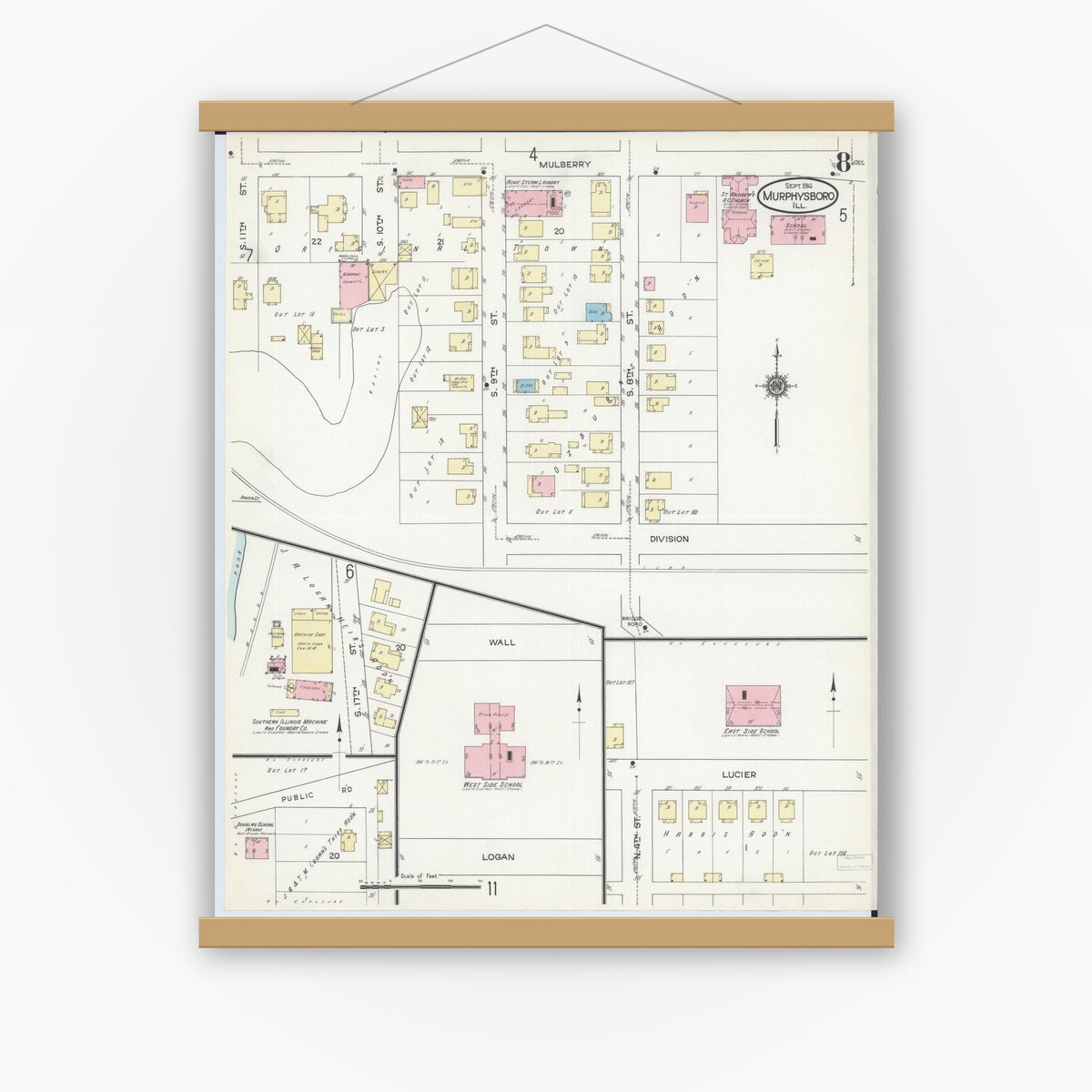 Old map wall art mockup — magnetic wood frame on white wall — Sanborn Fire Insurance Map from Murphysboro, Jackson County, Illinois (1914), Sheet #0008