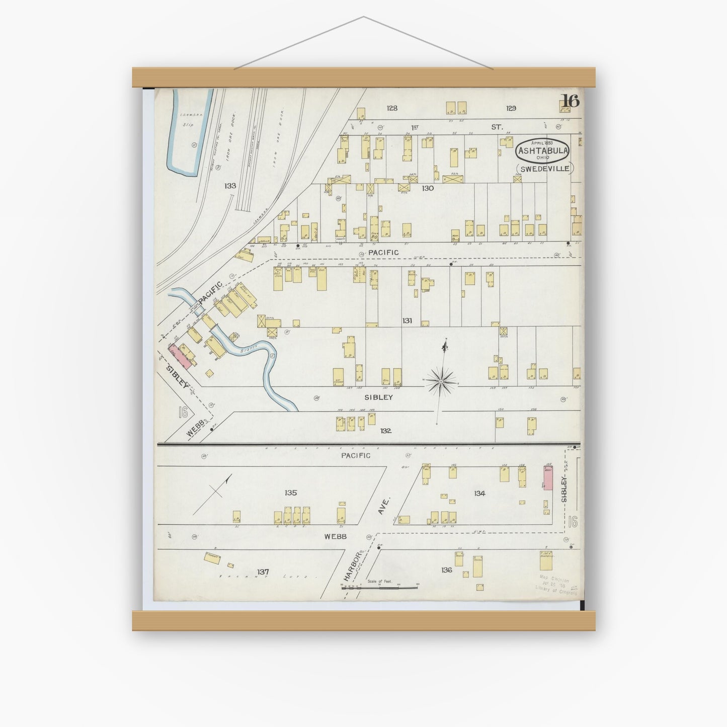 Old map wall art mockup — magnetic wood frame on white wall — Sanborn Fire Insurance Map from Ashtabula, Ashtabula County, Ohio (1893), Sheet #0016