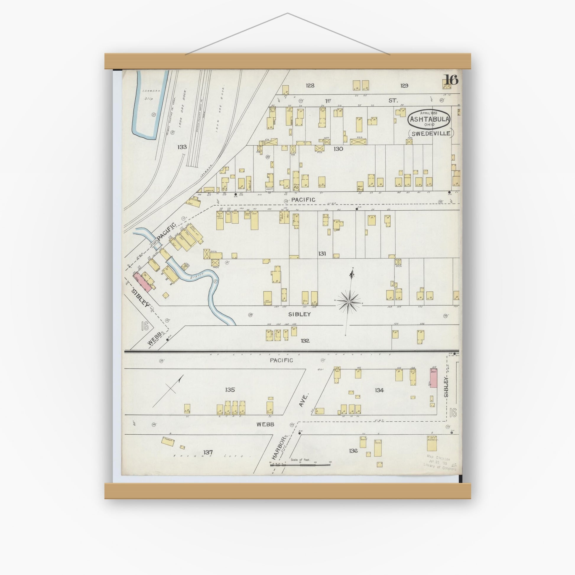 Old map wall art mockup — magnetic wood frame on white wall — Sanborn Fire Insurance Map from Ashtabula, Ashtabula County, Ohio (1893), Sheet #0016