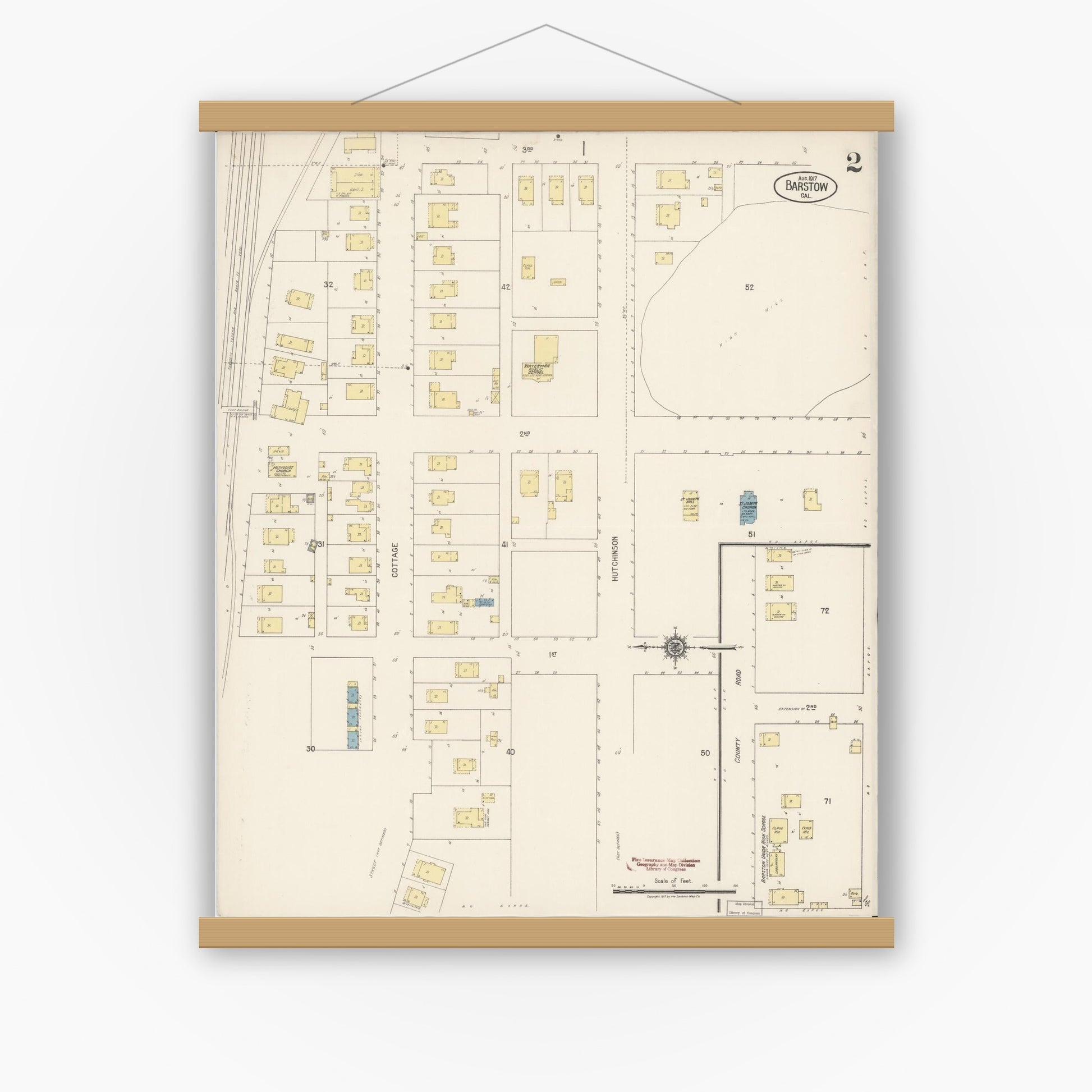 Old map wall art mockup — magnetic wood frame on white wall — Sanborn Fire Insurance Map from Barstow, San Bernardino County, California (1917), Sheet #0002