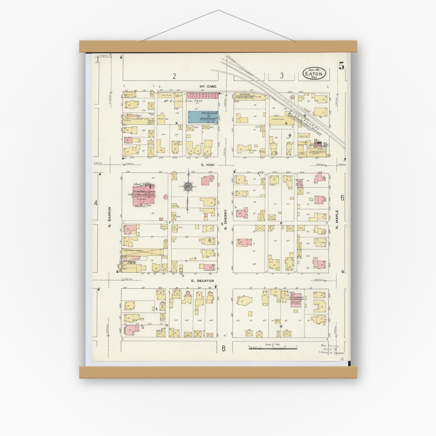 Old map wall art mockup — magnetic wood frame on white wall — Sanborn Fire Insurance Map from Eaton, Preble County, Ohio (1911), Sheet #0005