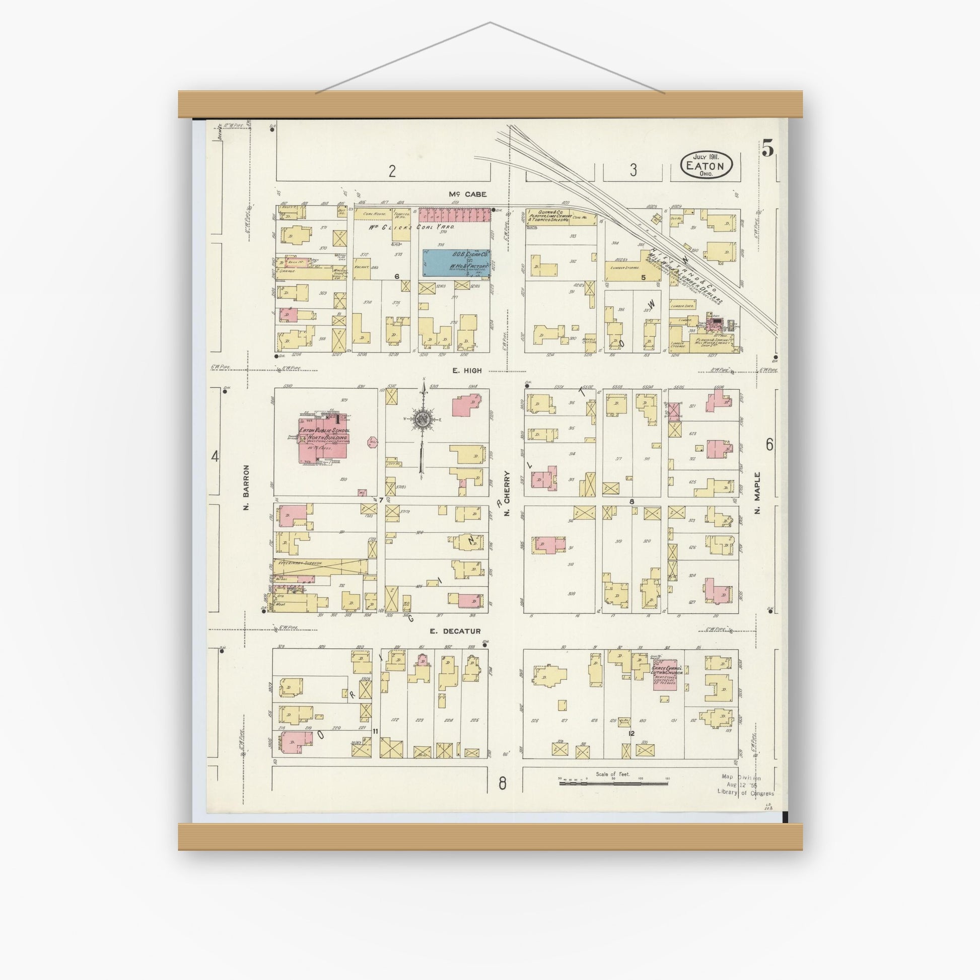 Old map wall art mockup — magnetic wood frame on white wall — Sanborn Fire Insurance Map from Eaton, Preble County, Ohio (1911), Sheet #0005
