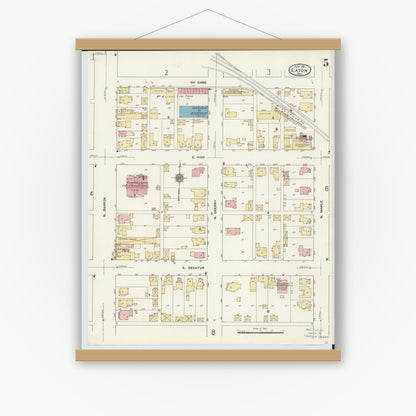 Old map wall art mockup — magnetic wood frame on white wall — Sanborn Fire Insurance Map from Eaton, Preble County, Ohio (1911), Sheet #0005