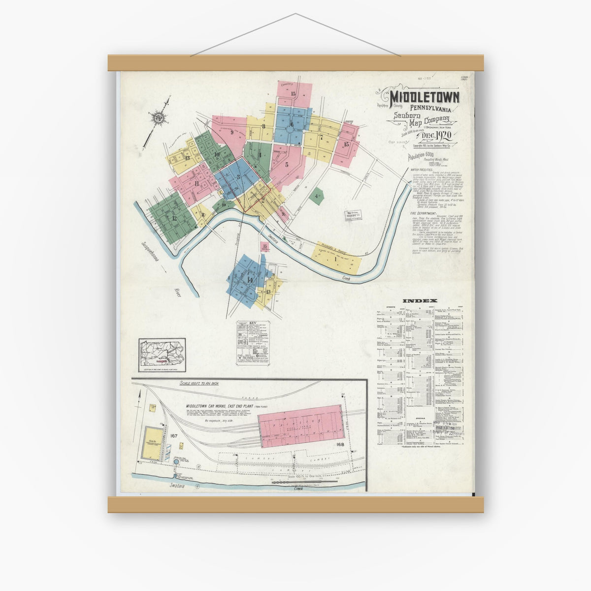 Old map wall art mockup — magnetic wood frame on white wall — Sanborn Fire Insurance Map from Middletown, Dauphin County, Pennsylvania (1920), Sheet #0001