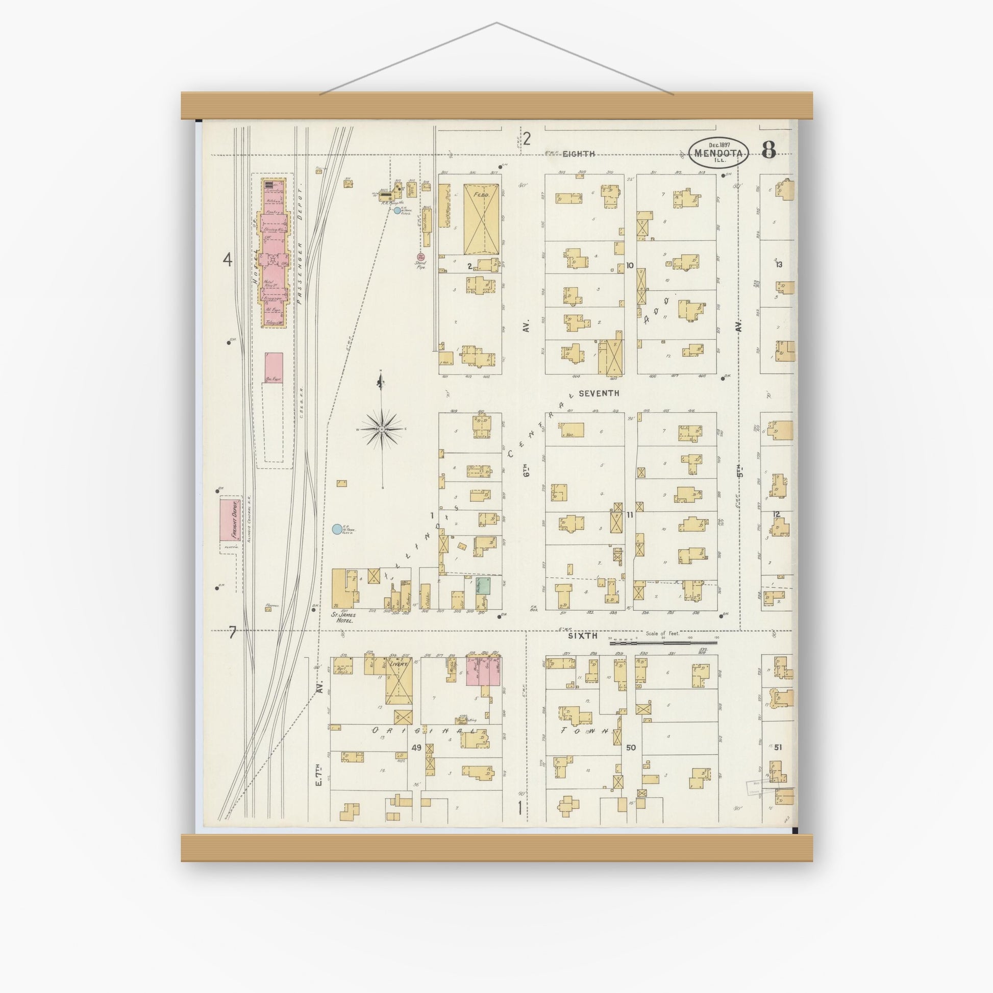 Old map wall art mockup — magnetic wood frame on white wall — Sanborn Fire Insurance Map from Mendota, La Salle County, Illinois (1897), Sheet #0008