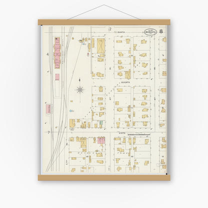 Old map wall art mockup — magnetic wood frame on white wall — Sanborn Fire Insurance Map from Mendota, La Salle County, Illinois (1897), Sheet #0008