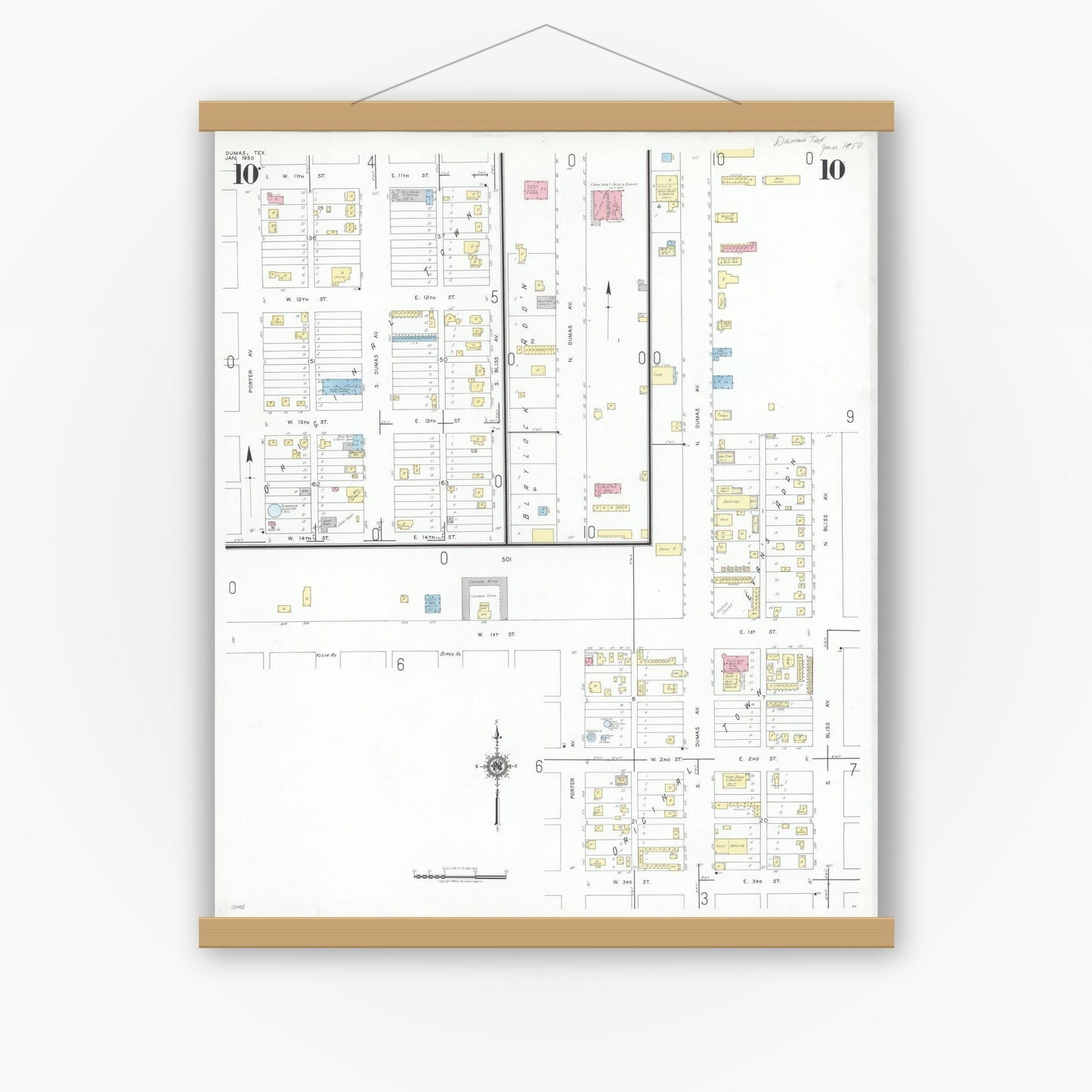 Old map wall art mockup — magnetic wood frame on white wall — Sanborn Fire Insurance Map from Dumas, Moore County, Texas (1950), Sheet #0010