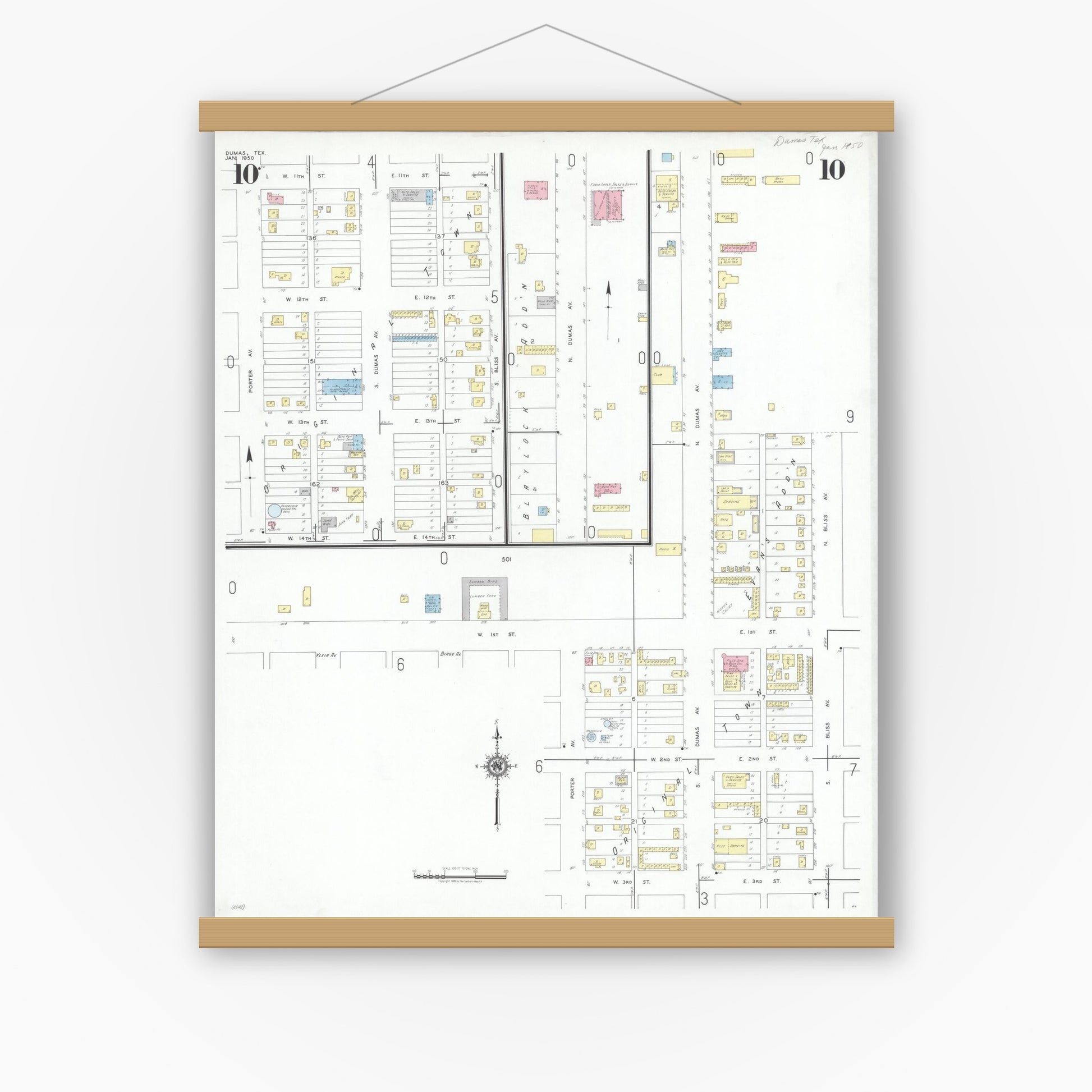 Old map wall art mockup — magnetic wood frame on white wall — Sanborn Fire Insurance Map from Dumas, Moore County, Texas (1950), Sheet #0010