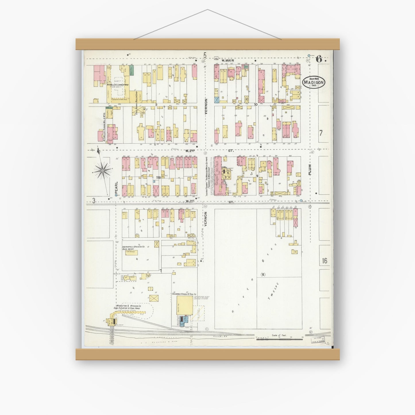 Old map wall art mockup — magnetic wood frame on white wall — Sanborn Fire Insurance Map from Madison, Jefferson County, Indiana (1904), Sheet #0006