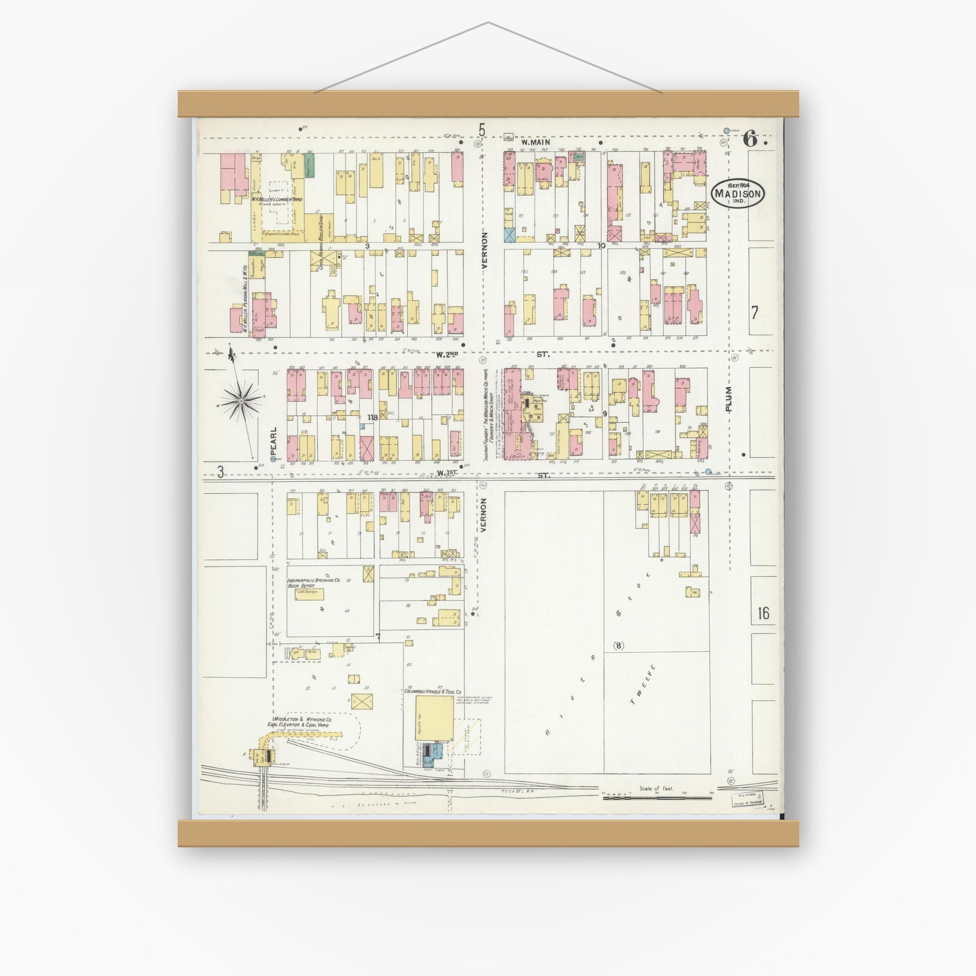 Old map wall art mockup — magnetic wood frame on white wall — Sanborn Fire Insurance Map from Madison, Jefferson County, Indiana (1904), Sheet #0006