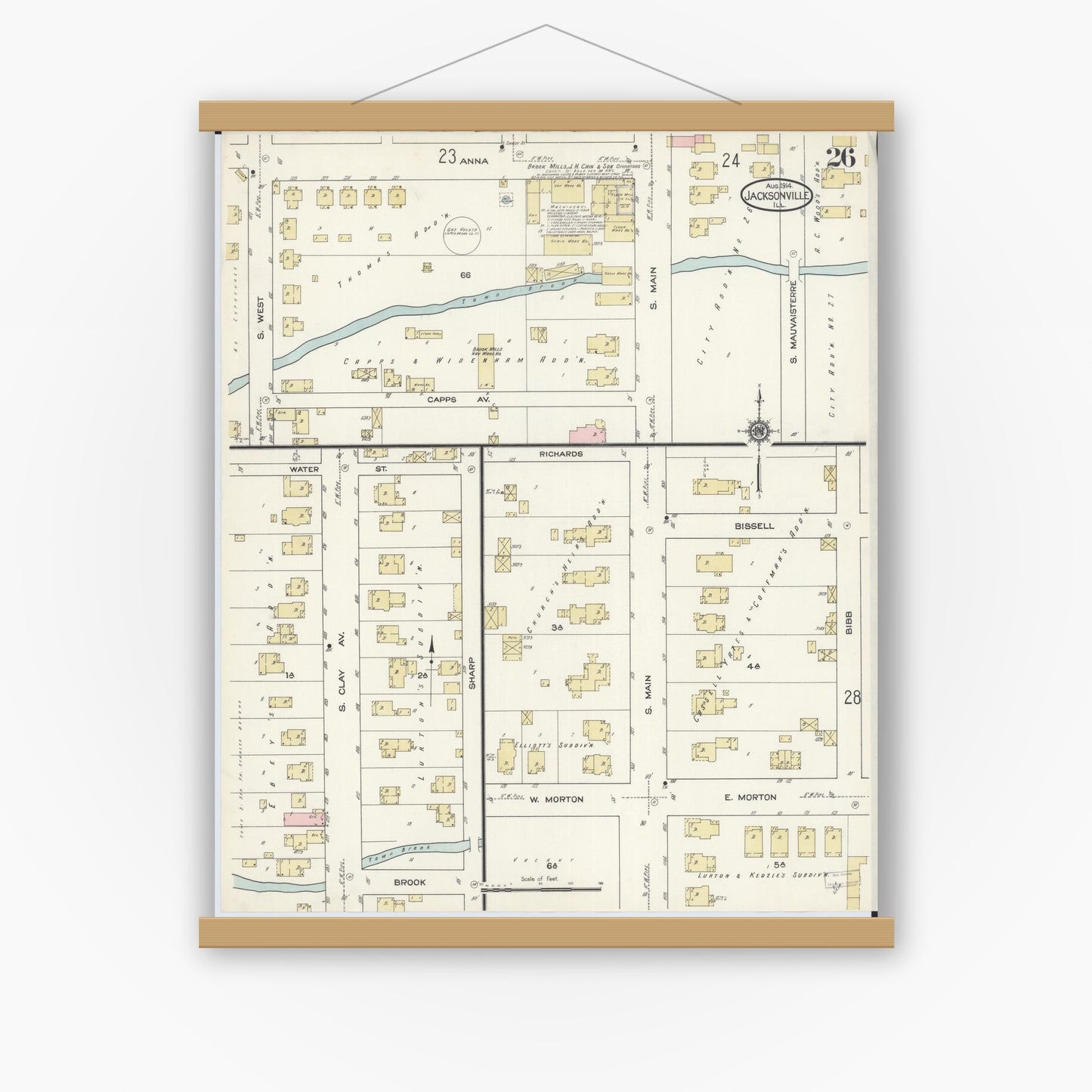 Old map wall art mockup — magnetic wood frame on white wall — Sanborn Fire Insurance Map from Jacksonville, Morgan County, Illinois (1914), Sheet #0026