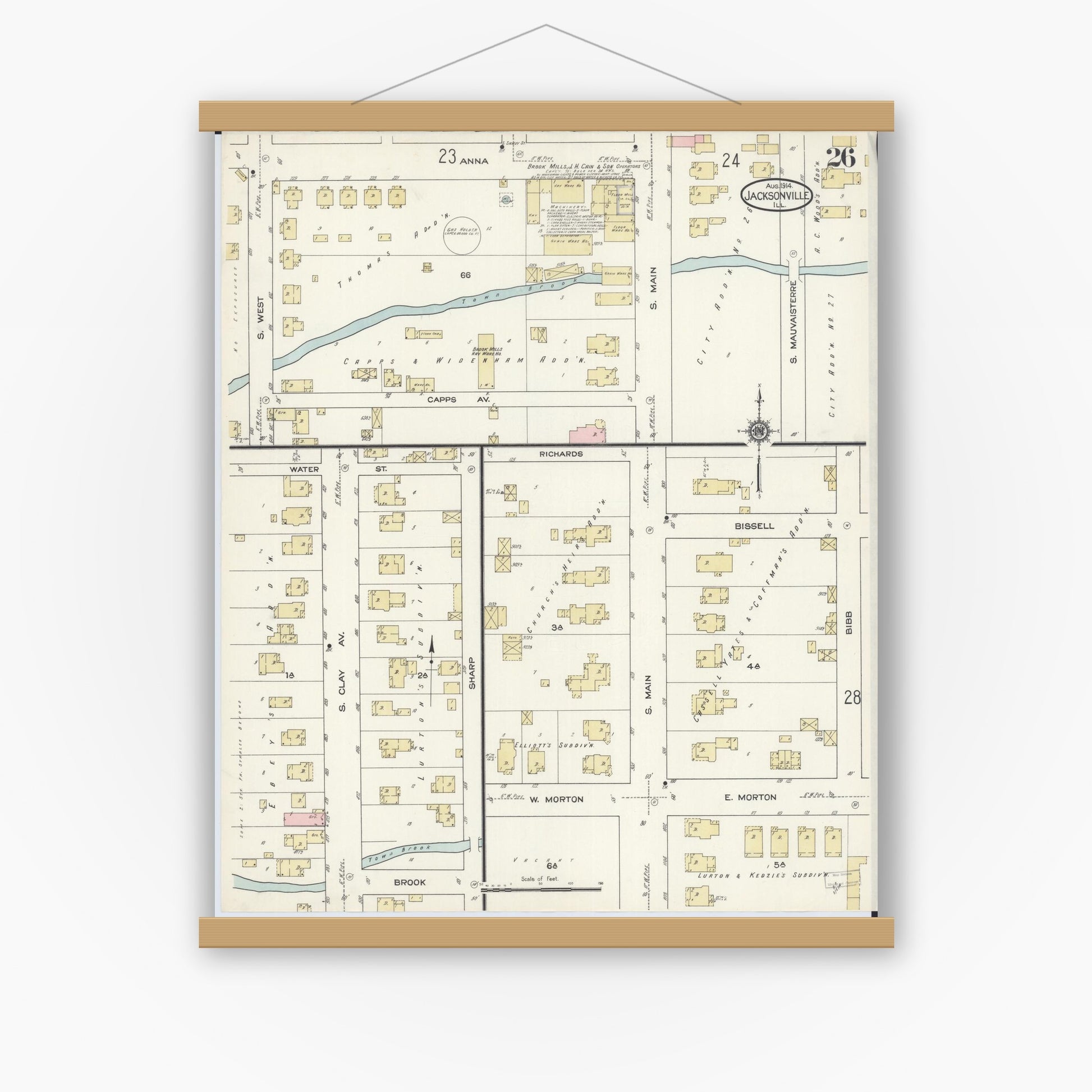 Old map wall art mockup — magnetic wood frame on white wall — Sanborn Fire Insurance Map from Jacksonville, Morgan County, Illinois (1914), Sheet #0026